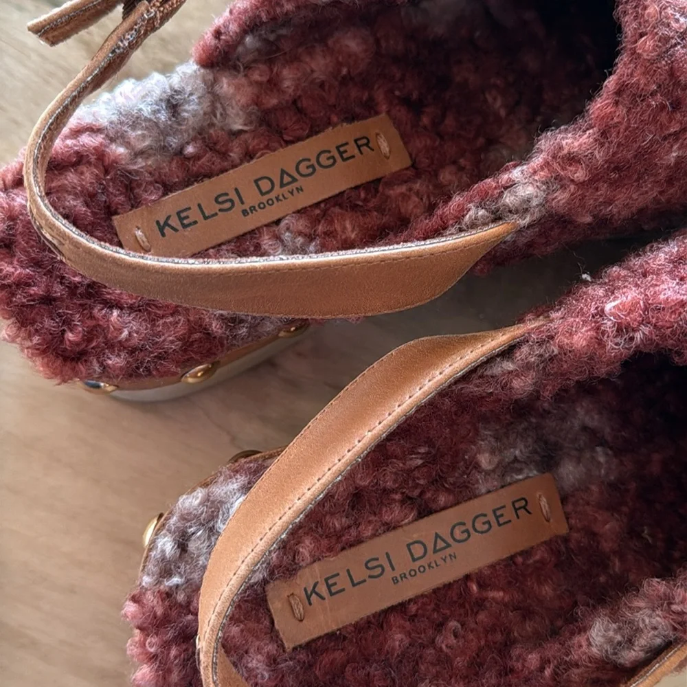 NEW Kelsi Dagger Brooklyn Warehouse Shearling garnet multi stud clog anthro 6.5 - Picture 9 of 13
